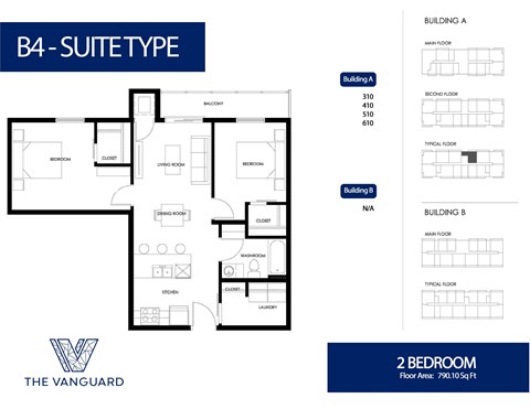 Floor plan for 2 beds, 1 bath, 790 sqft